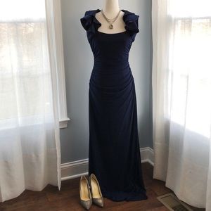 Shelli Segal navy gown with beautiful neck ruffles